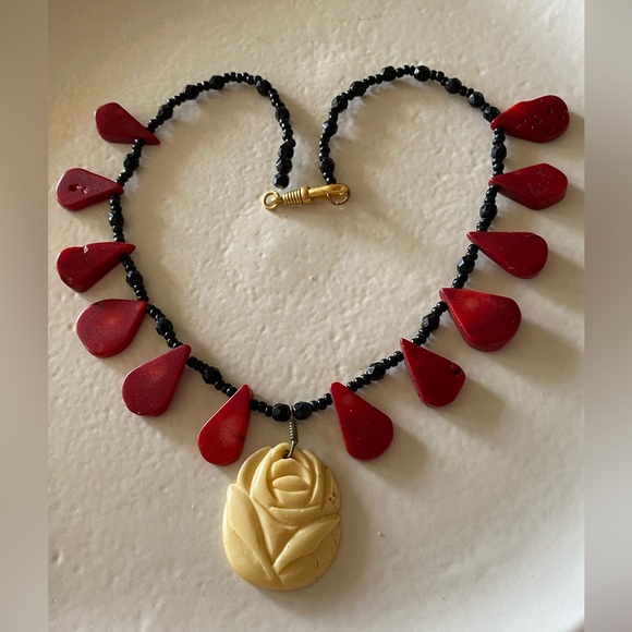 Coral & Vintage Carved Bone Necklace - Picture 2 of 7